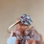Vintage 9 karaat massief gouden cluster ring met robijn en diamant