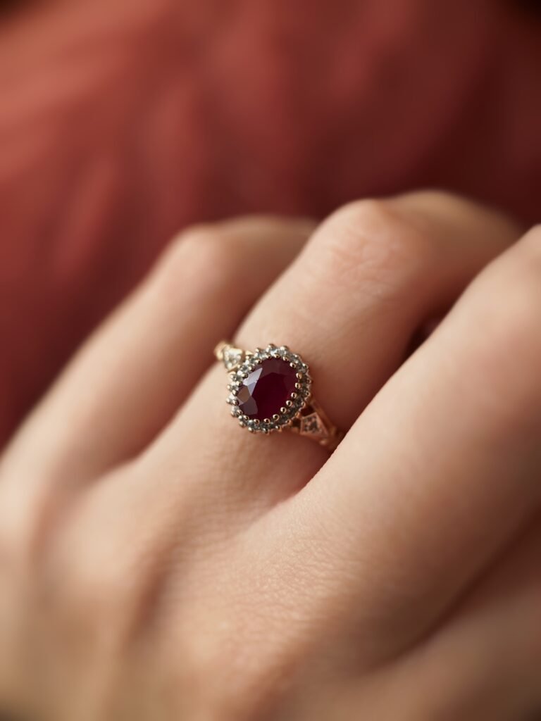 Vintage 9 karaat massief gouden cluster ring met een grote robijn en diamanten Om hand