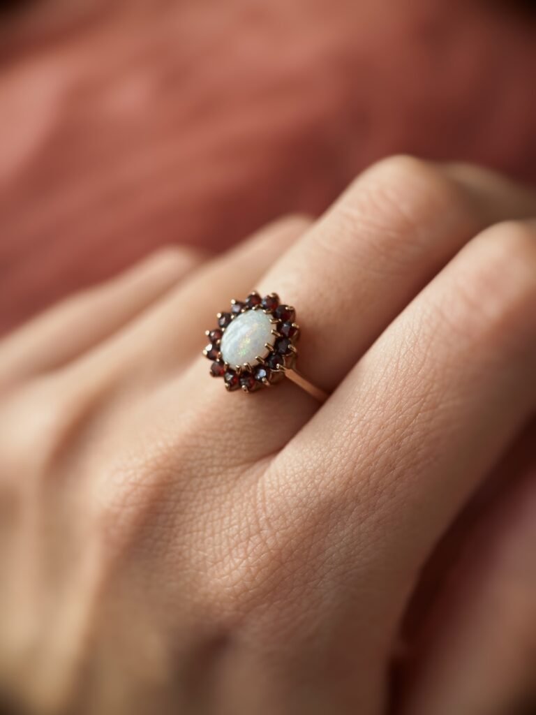 Vintage 9 karaat massief gouden custer ring met witte opaal en granaatjes Om hand