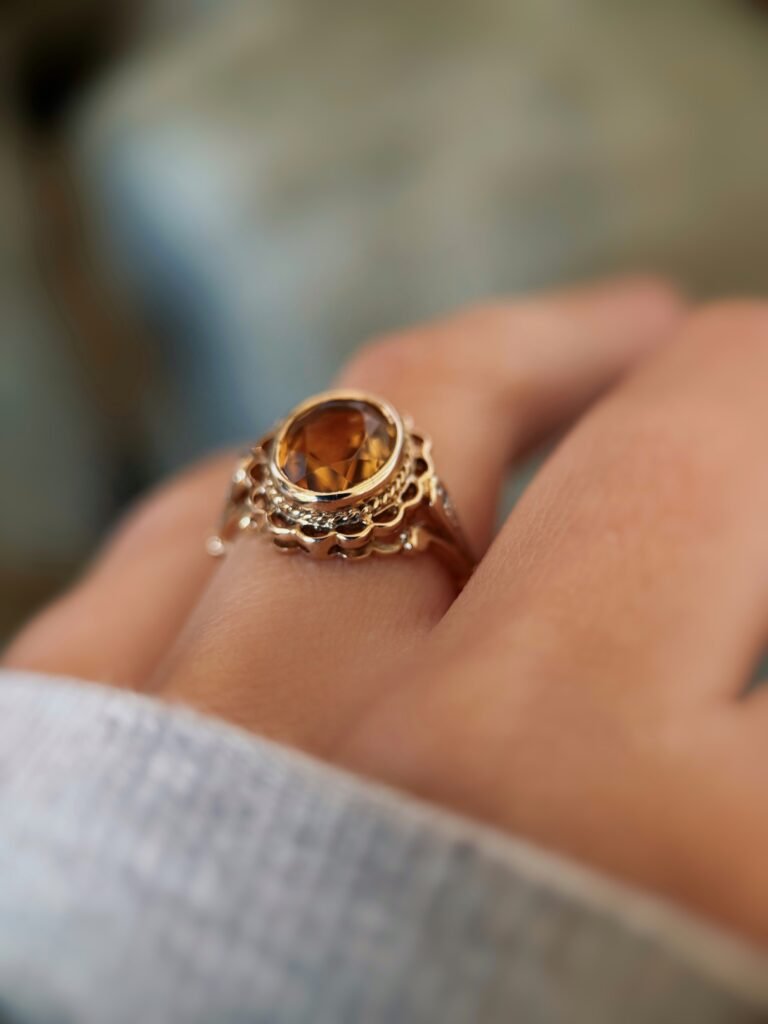 vintage citrine ring in 9k gold with oval cut citrine and decorative setting