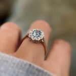 vintage topaz and diamond cluster ring in 9k gold worn on hand