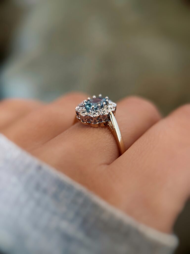 vintage topaz and diamond cluster ring in 9k gold worn on hand