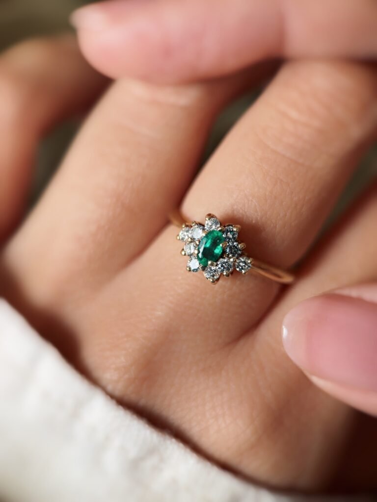 Vintage 14k gold emerald diamond ring on hand