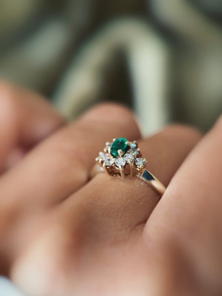 Vintage 14k gold emerald diamond ring on hand