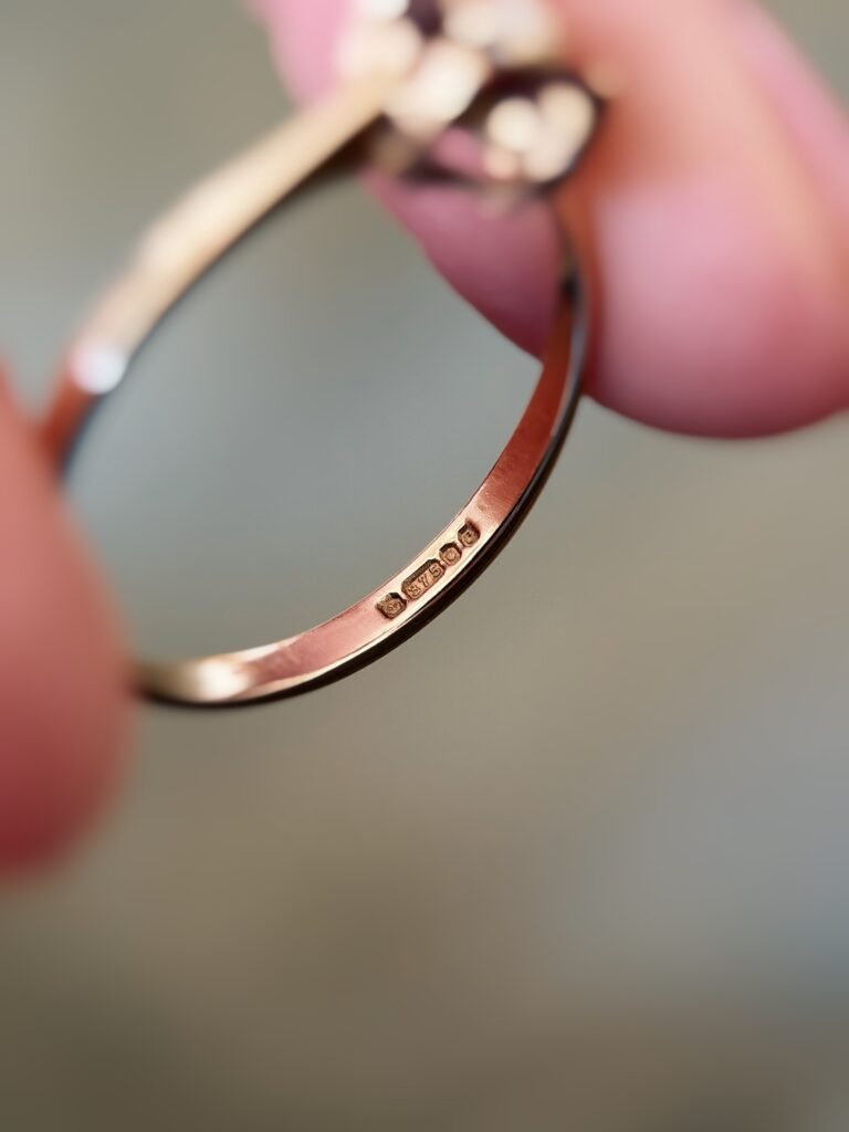 Close-up of English hallmarks inside a vintage 9 carat gold ring