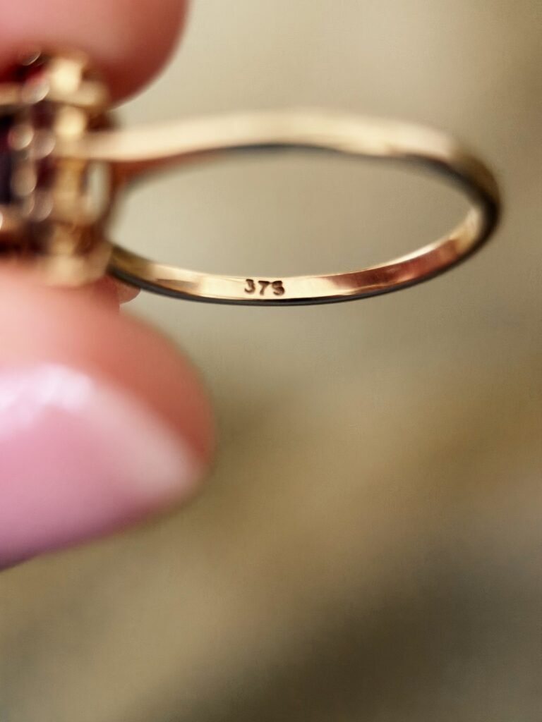 Close-up of 375 hallmark inside a vintage 9 carat gold ring