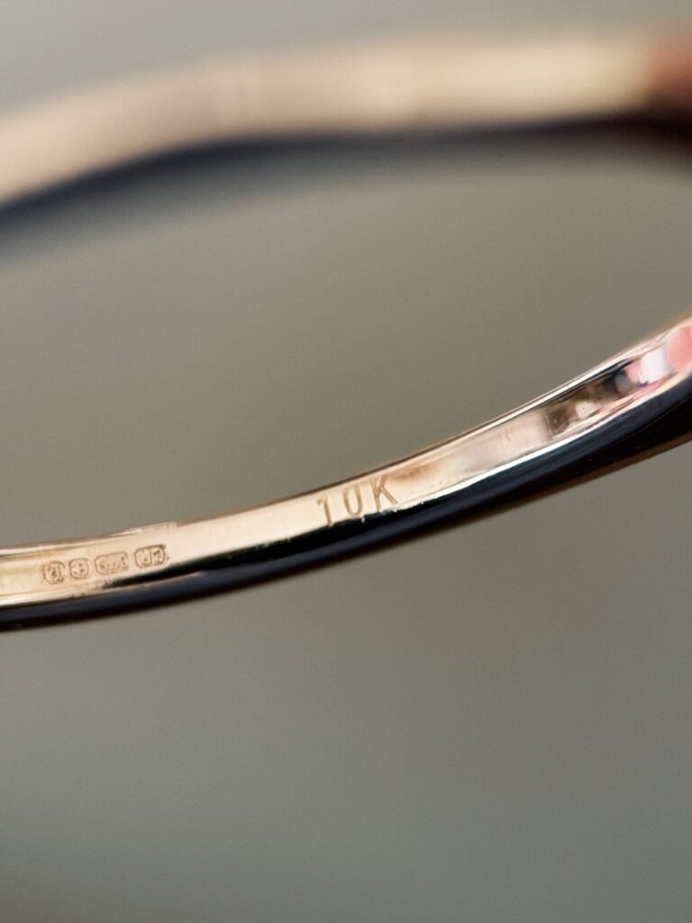 Close-up of English hallmarks inside a vintage 10 carat gold ring
