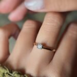 Vintage 9 carat gold diamond solitaire ring worn on a hand