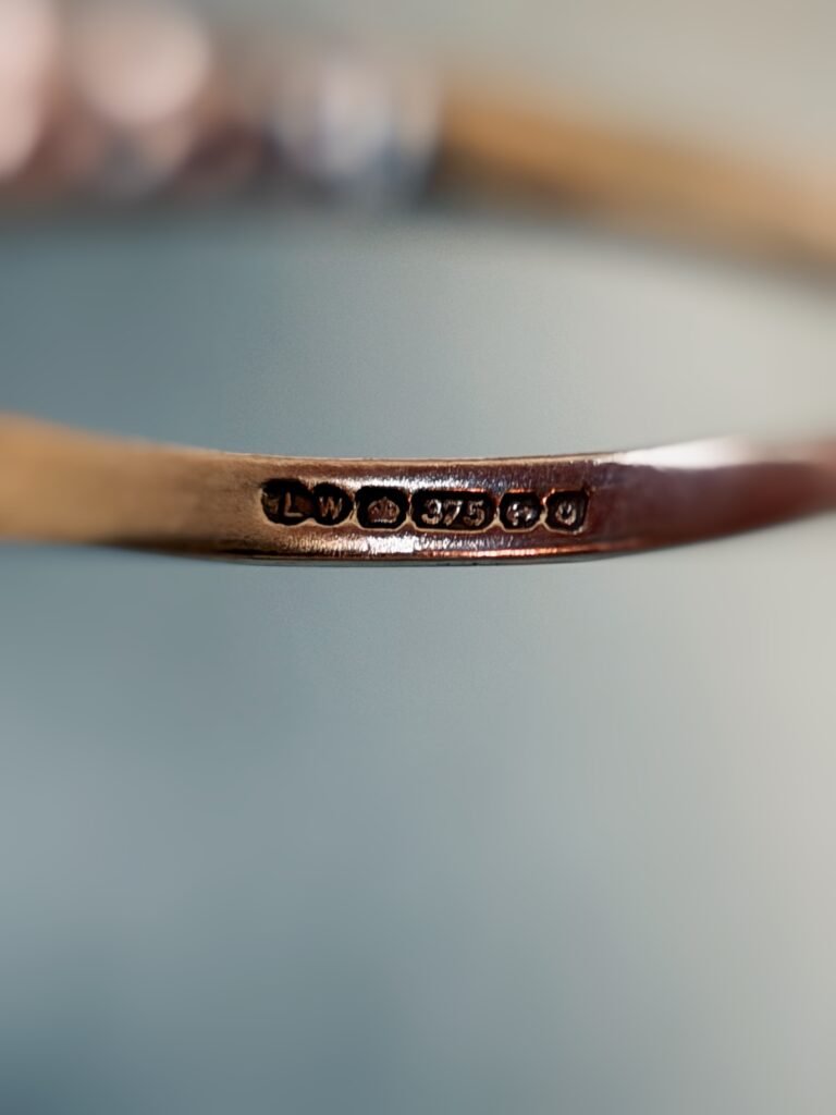 Close-up of English hallmarks inside a vintage 9 carat gold ring