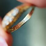 Close-up of English hallmarks inside a antique 18 carat gold ring