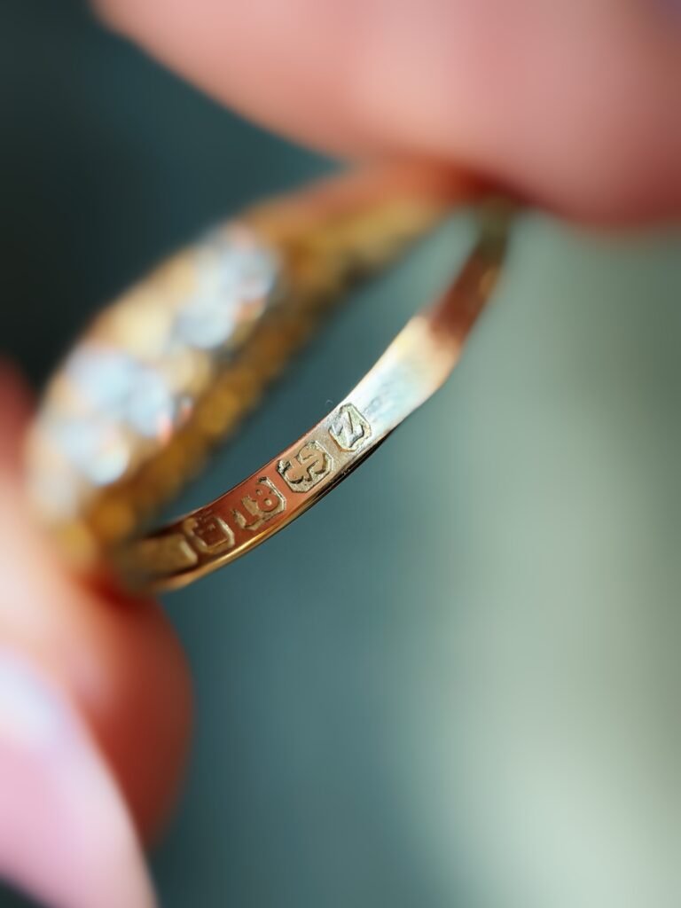 Close-up of English hallmarks inside a antique 18 carat gold ring