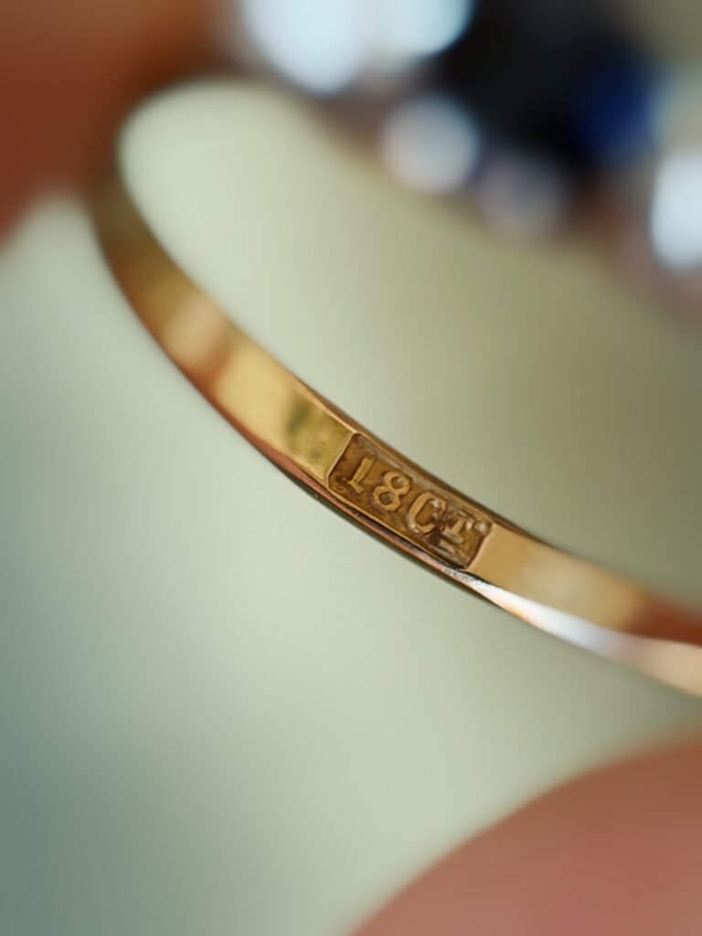 Close-up of English hallmarks inside a antique 18 carat gold ring