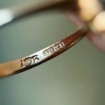 Close-up of English hallmarks inside a vintage 9 carat gold ring
