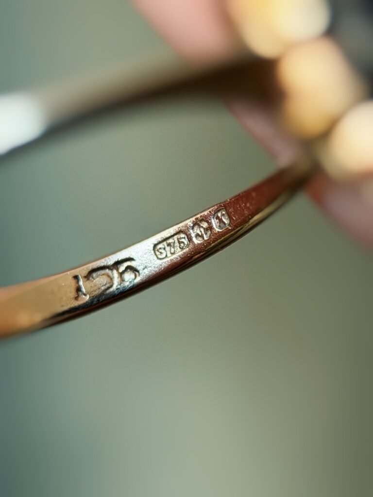 Close-up of English hallmarks inside a vintage 9 carat gold ring